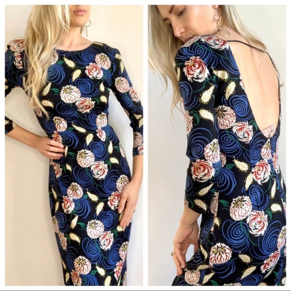 COPY - SUNO Moody Silk Floral Low Back Midi Dress Size 6